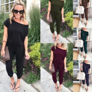 Slanted Shoulder Short Sleeve Pocket Female  Trousers  Shorts