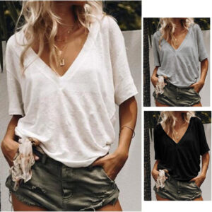New Style Deep V Neck Short Sleeved Solid Color Casual T Shirt Women's Top