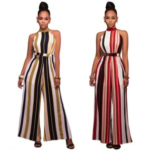 Summer Romper Women Jumpsuit Sexy Ladies Casual Elegant Loose Office Sleeveless Striped Halter Long Plus Size Overalls
