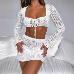 Women's Summer Knitted Blouse Hollow Bikini Sunscreen Skirt Suit