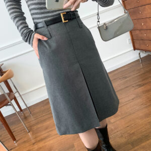 Women's Skirt Gray Worsted Pleated Suit A- Line Skirt Business Wear