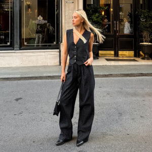 Striped Sleeveless Waistcoat Vest Trousers Suit Women